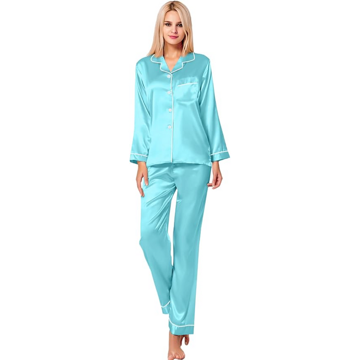 Satin Pajama Set with Long Sleeves And Button Up Design