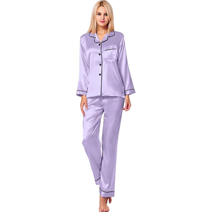 Long Sleeve Satin Pajama Set With Button Front