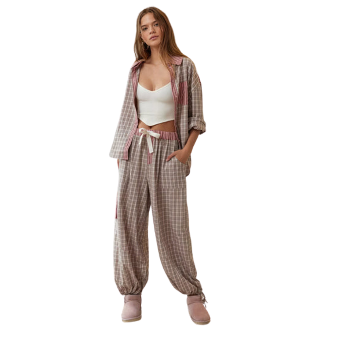 Plaid Patchwork Button Down Lounge Set