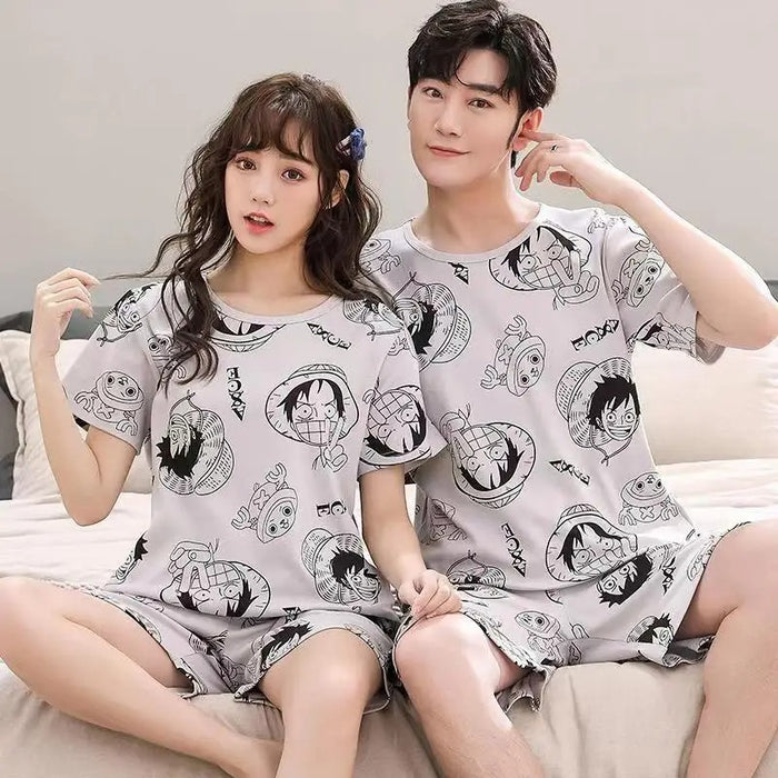 Two Piece Cartoon Printed Couple Tee and Short Couple Pajama Set