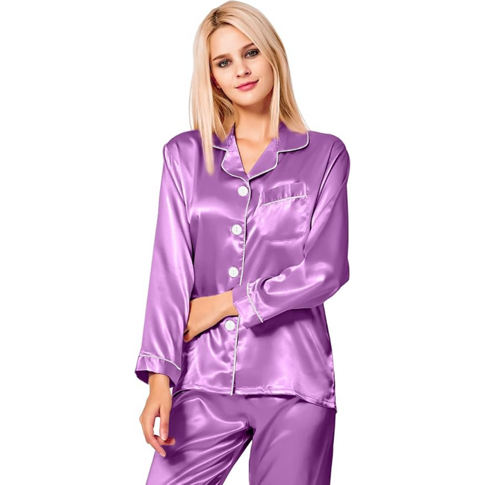 Satin Pajama Set with Long Sleeves And Button Up Design