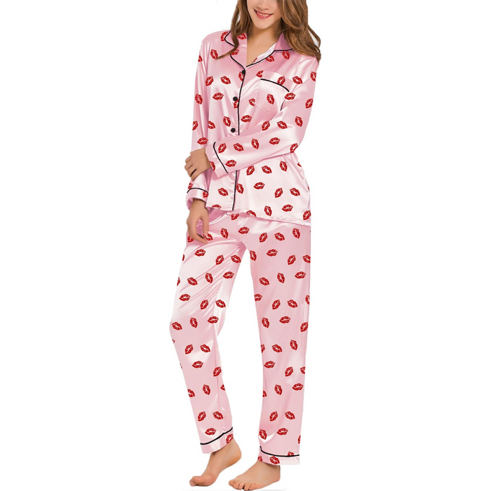 Stylish Printed Satin Pajama Set With Long Sleeves