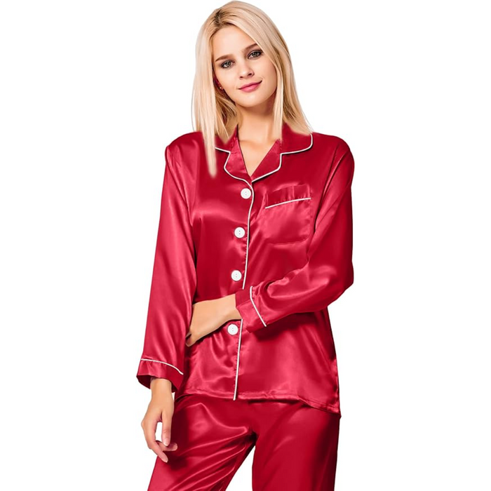 Long Sleeve Satin Pajama Set With Button Front