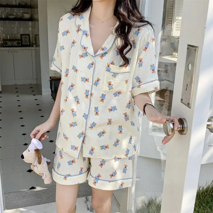 Cartoon Printed Short Sleeve Couple Pajama Set