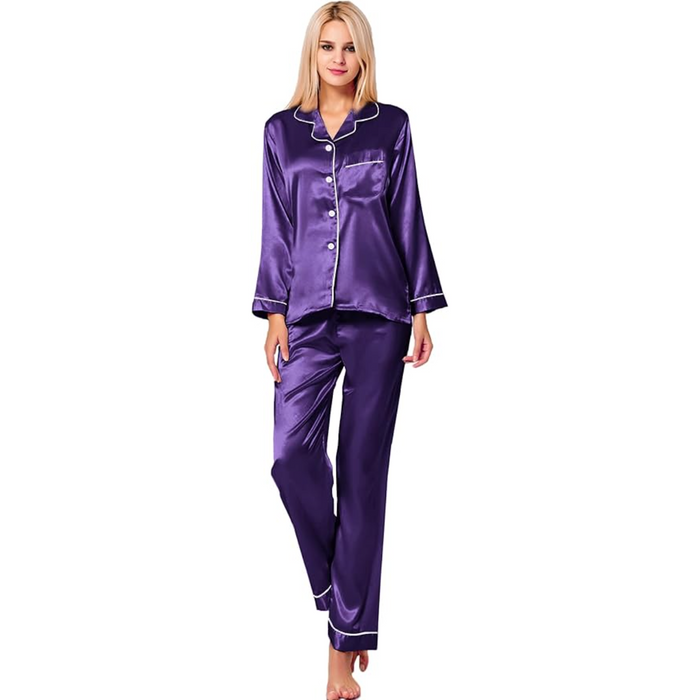 Long Sleeve Satin Pajama Set With Button Front