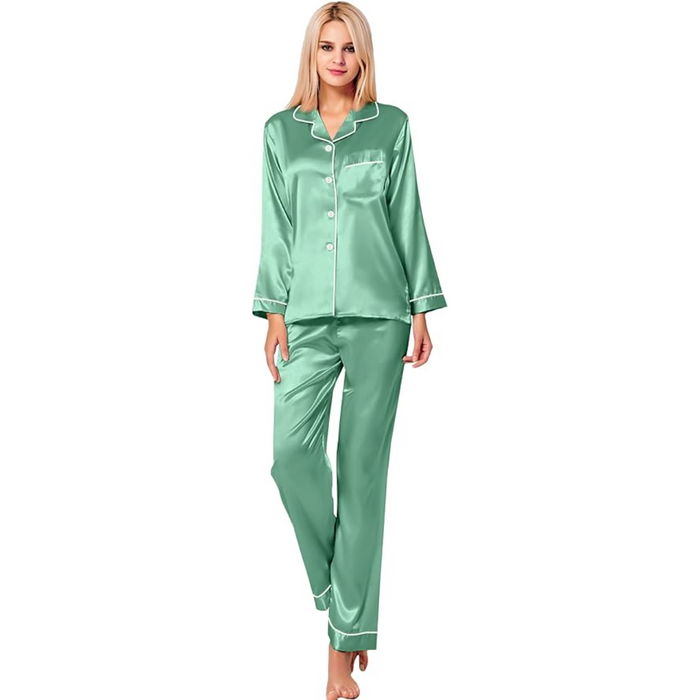 Long Sleeve Satin Pajama Set With Button Front