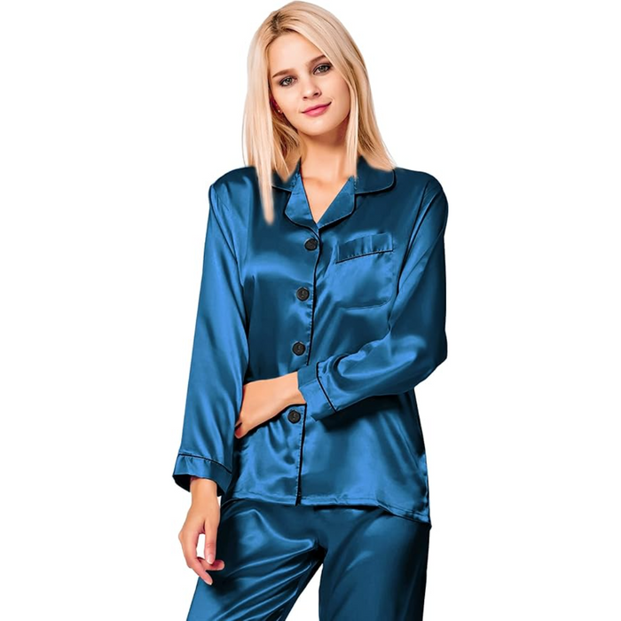 Satin Pajama Set with Long Sleeves And Button Up Design