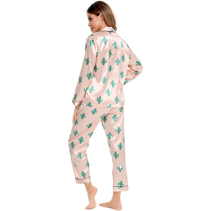 Printed Satin Pajama Set With Button Up Top