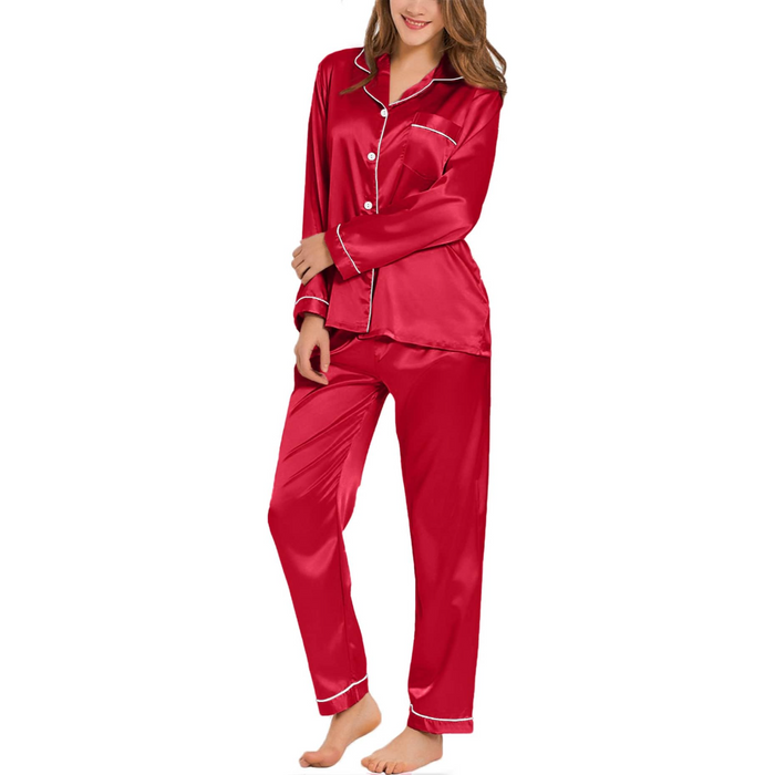 Long Sleeve Satin Pajama Set With Button Front