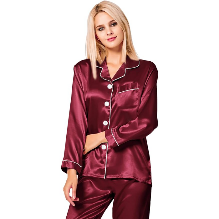 Long Sleeve Satin Pajama Set With Button Front