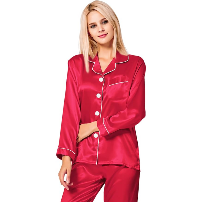 Long Sleeve Satin Pajama Set With Button Front