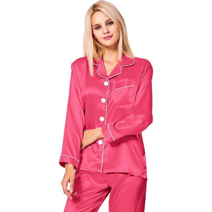 Satin Pajama Set with Long Sleeves And Button Up Design