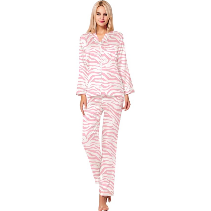 Printed Satin Pajama Set With Button Up Top