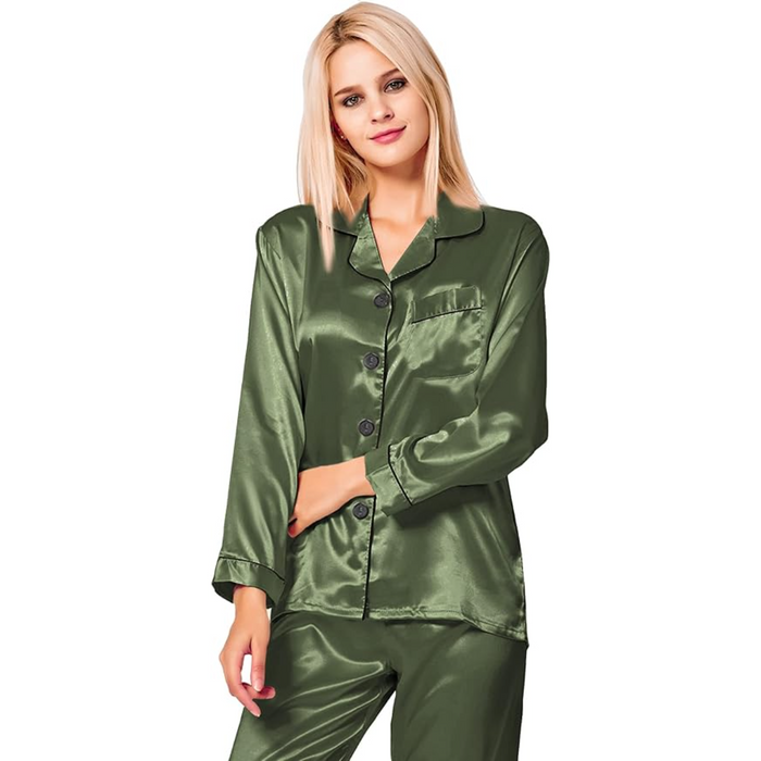 Satin Pajama Set with Long Sleeves And Button Up Design