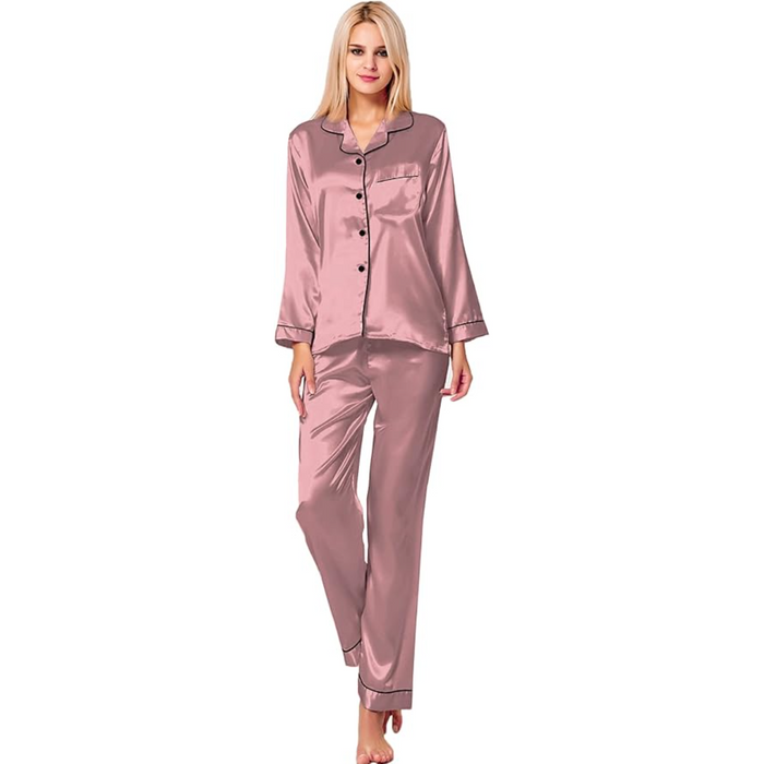 Satin Pajama Set with Long Sleeves And Button Up Design