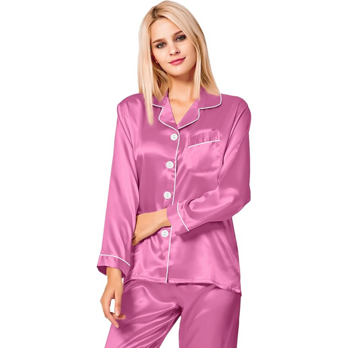 Satin Pajama Set with Long Sleeves And Button Up Design