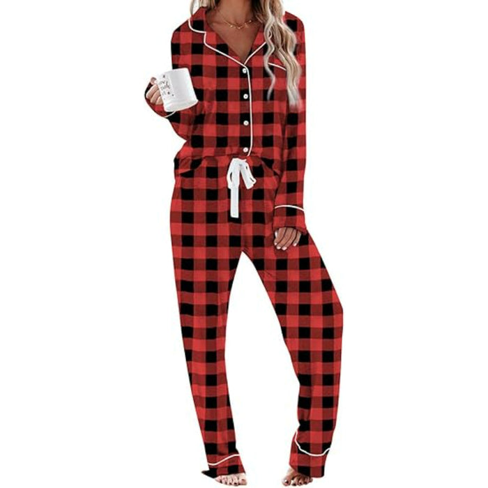 Long Sleeve Plaid Button Down Pajama Set