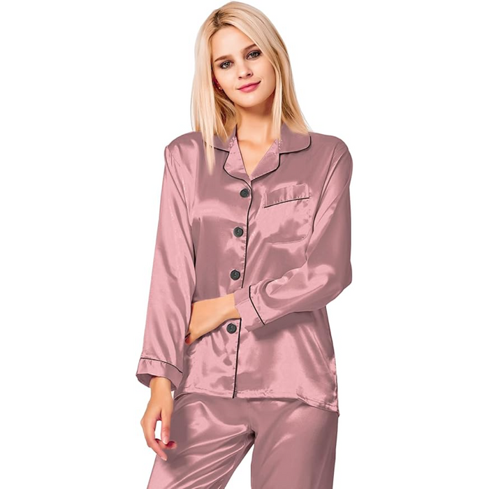 Satin Pajama Set with Long Sleeves And Button Up Design