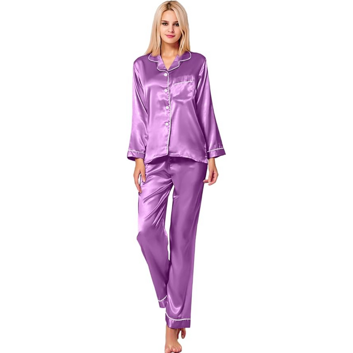 Satin Pajama Set with Long Sleeves And Button Up Design