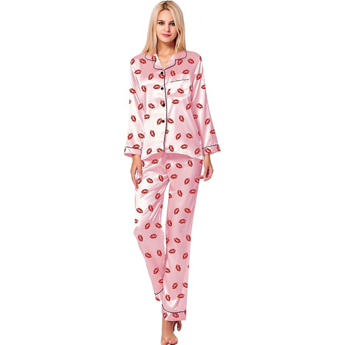 Stylish Printed Satin Pajama Set With Long Sleeves