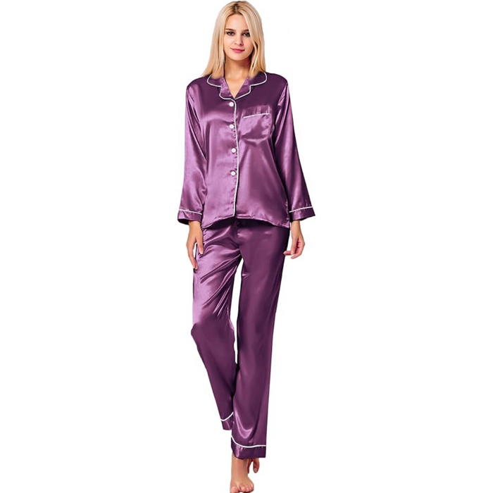 Long Sleeve Satin Pajama Set With Button Front