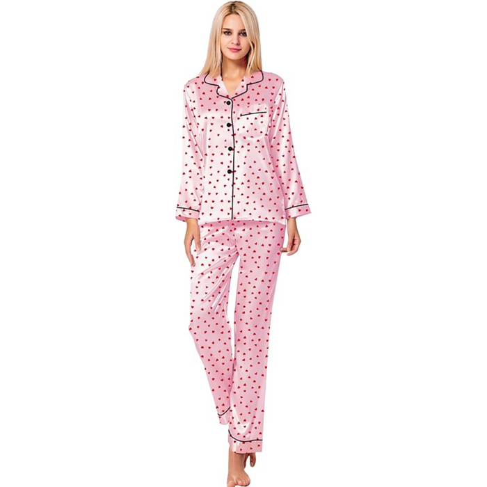 Printed Satin Pajama Set With Button Up Top