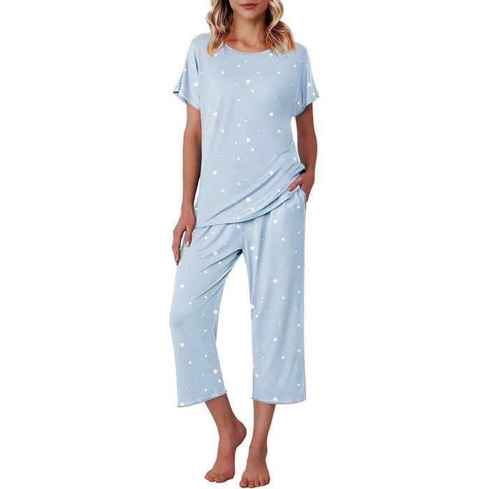 Star Print Capri Pajama Set With Short Sleeve Top