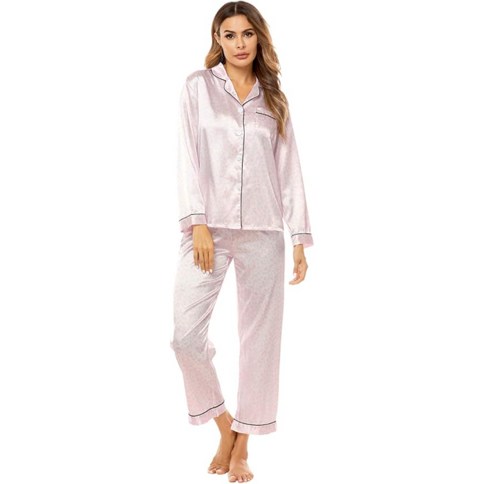 Long Sleeve Satin Pajama Set With Button Front