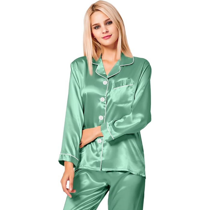 Long Sleeve Satin Pajama Set With Button Front