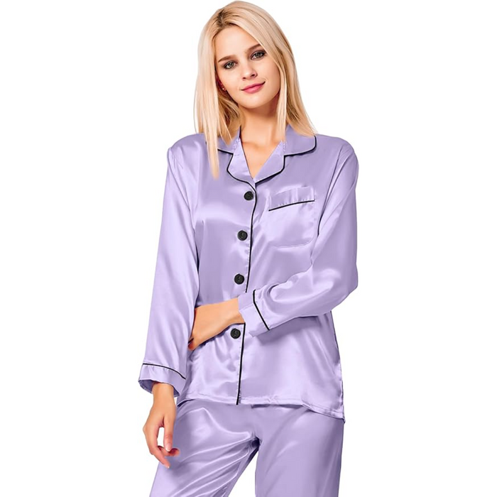 Long Sleeve Satin Pajama Set With Button Front