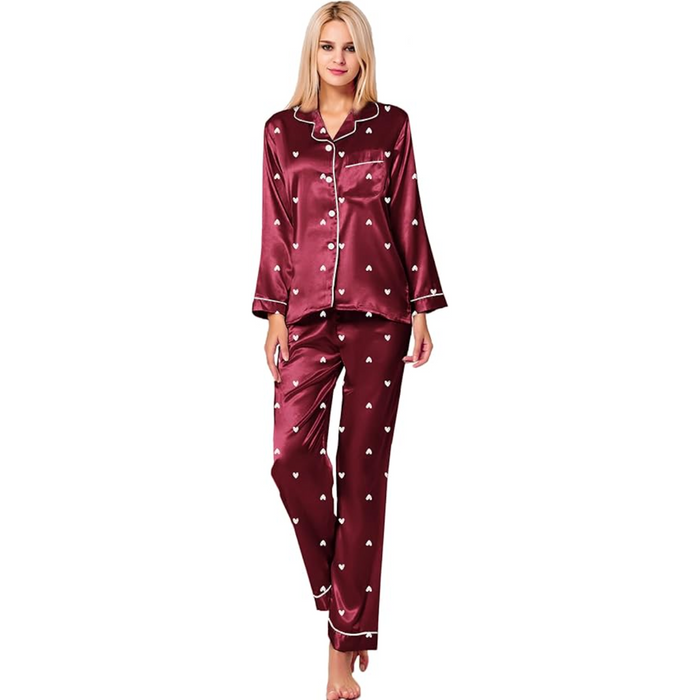 Printed Satin Pajama Set With Button Up Top