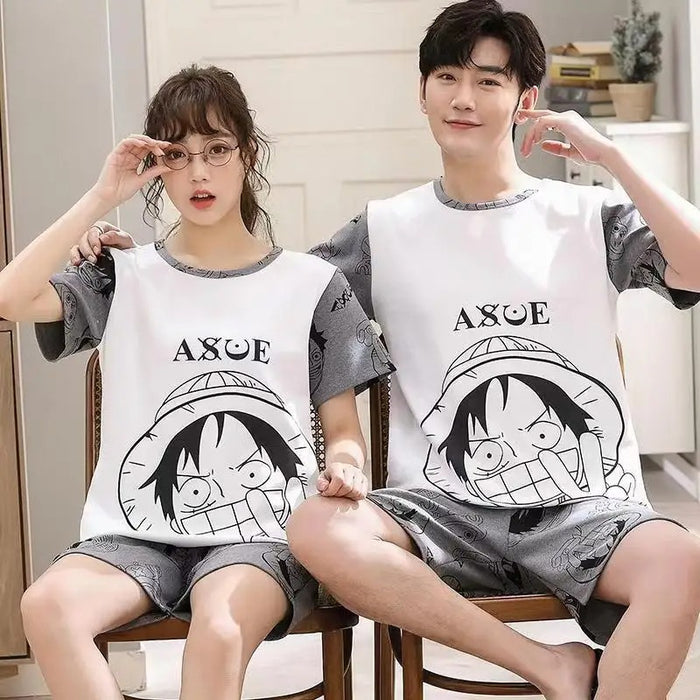 Two Piece Cartoon Printed Couple Tee and Short Couple Pajama Set