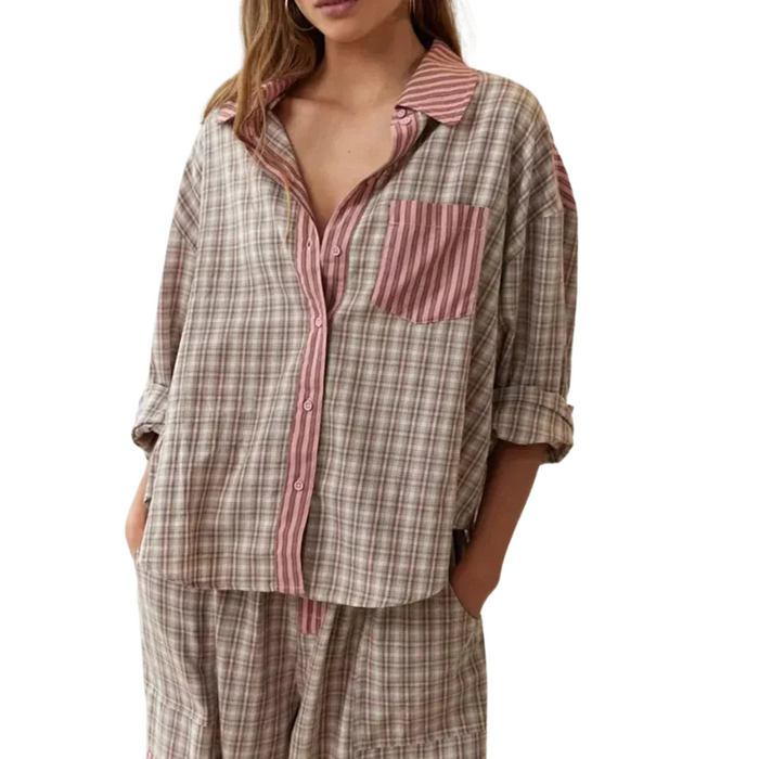 Plaid Patchwork Button Down Lounge Set