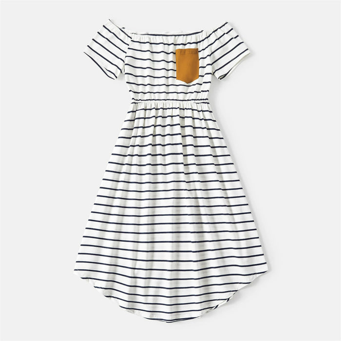 Striped Family Matching And Dresses Set with Pocket