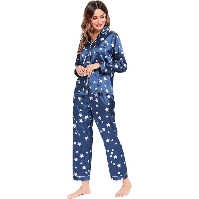 Printed Satin Pajama Set With Button Up Top