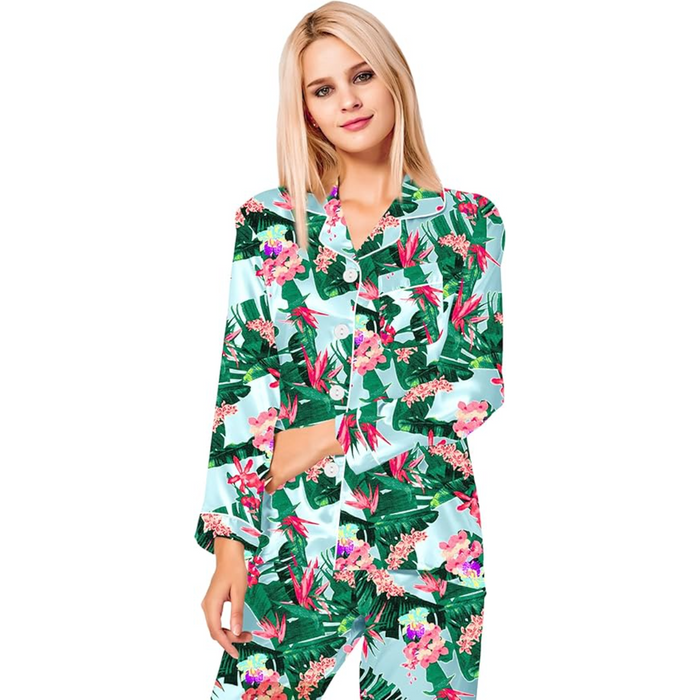 Printed Satin Pajama Set With Button Up Top