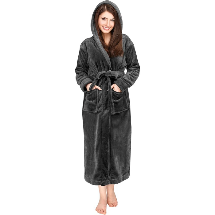 Plush Fleece Hooded Flannel Robe With Pockets