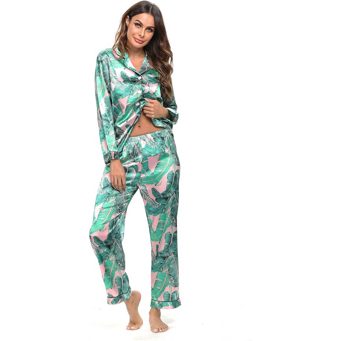 Printed Satin Pajama Set With Button Up Top