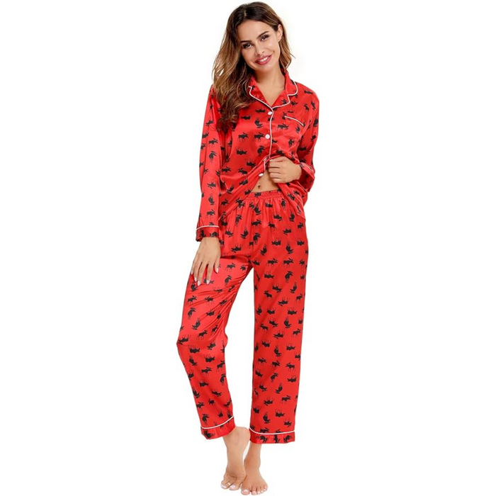 Printed Satin Pajama Set With Button Up Top