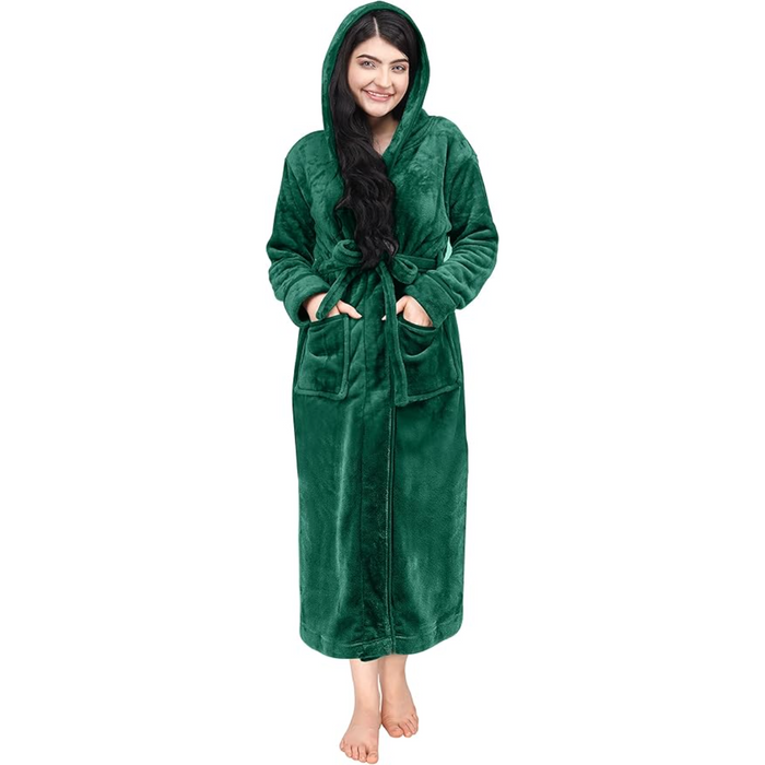 Plush Fleece Hooded Flannel Robe With Pockets