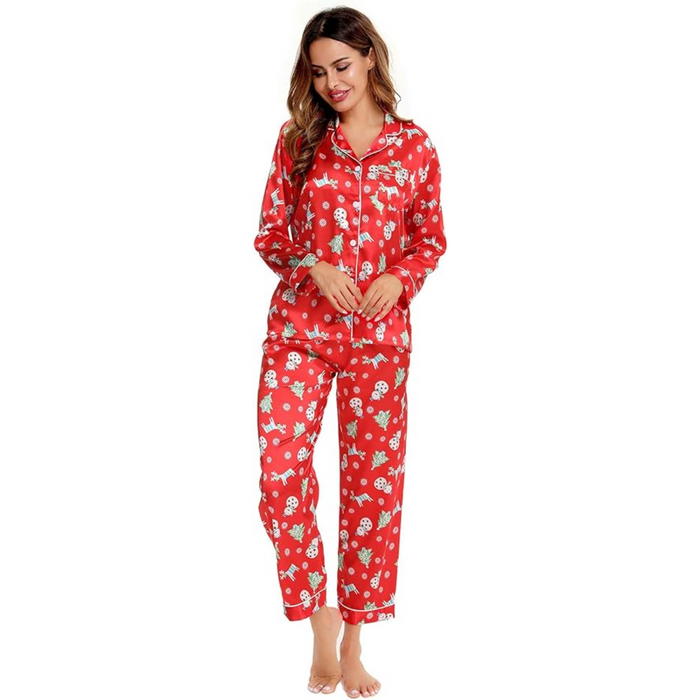 Printed Satin Pajama Set With Button Up Top