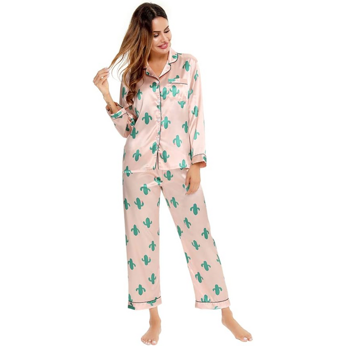 Printed Satin Pajama Set With Button Up Top