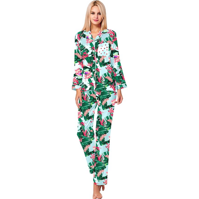 Printed Satin Pajama Set With Button Up Top