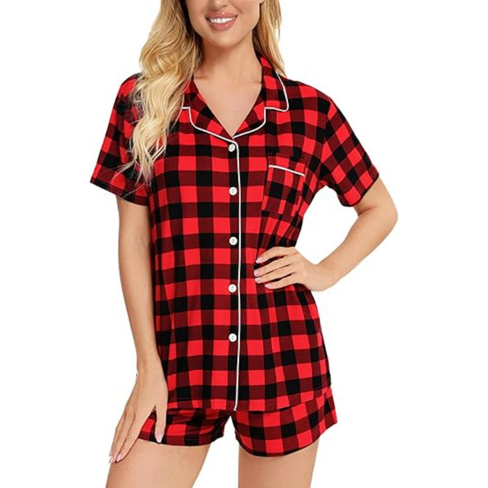 Short Sleeve Plaid Button Down Sleepwear Set