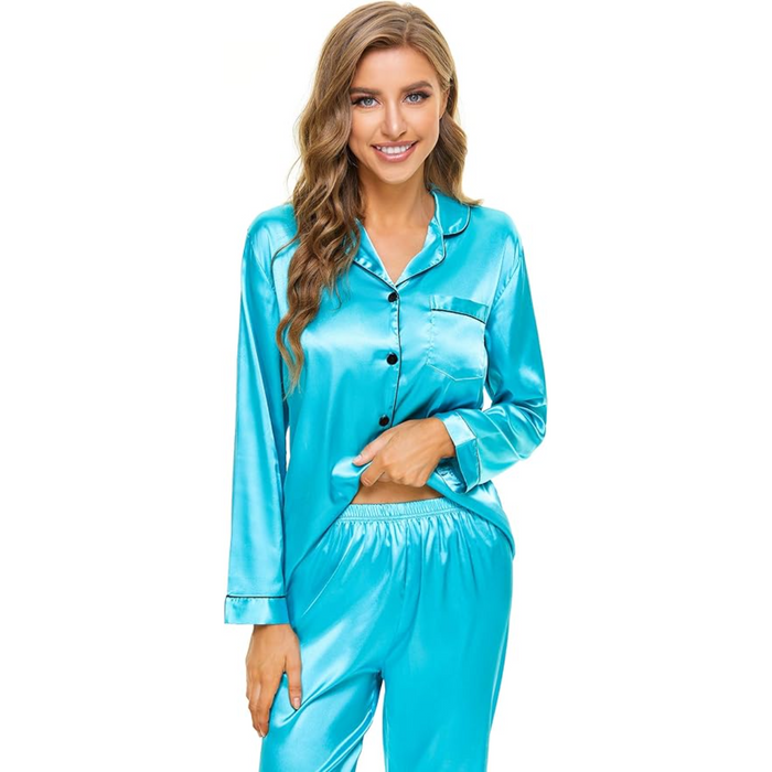 Long Sleeve Satin Pajama Set With Button Front