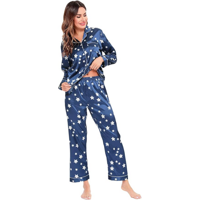 Printed Satin Pajama Set With Button Up Top