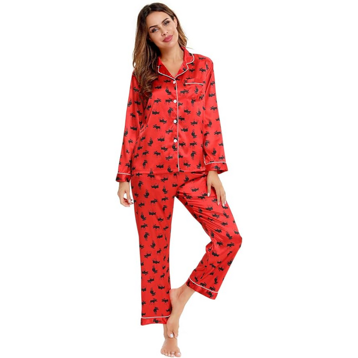 Printed Satin Pajama Set With Button Up Top