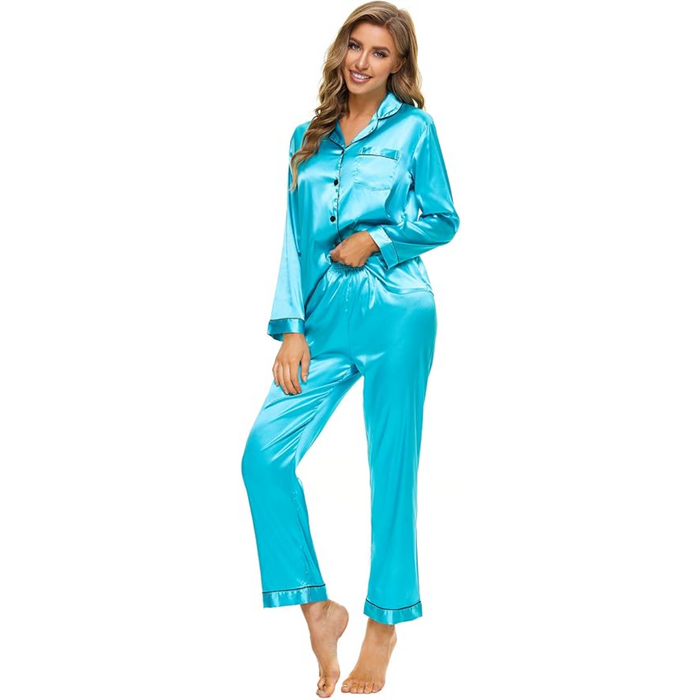 Long Sleeve Satin Pajama Set With Button Front