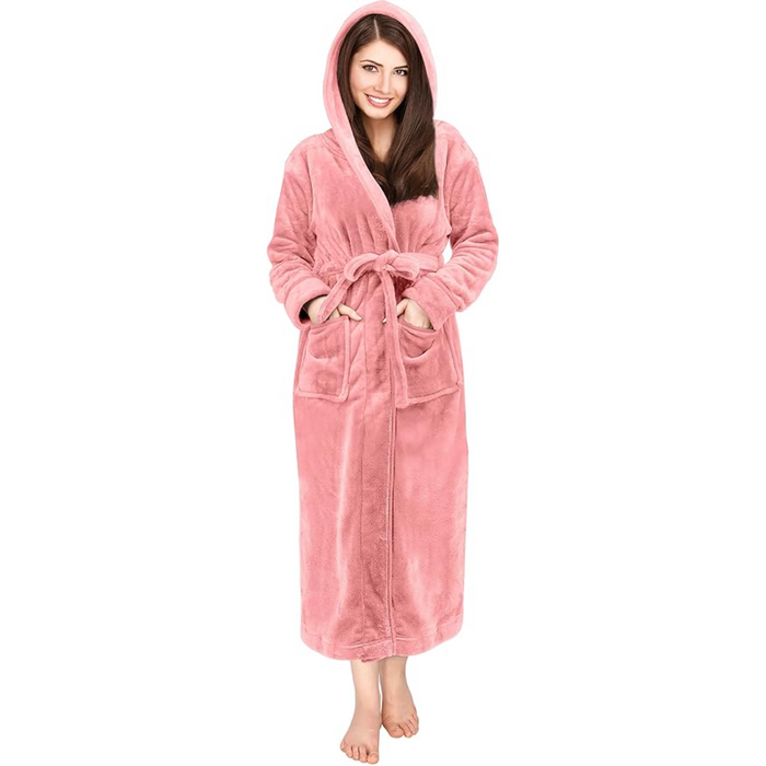 Plush Fleece Hooded Flannel Robe With Pockets