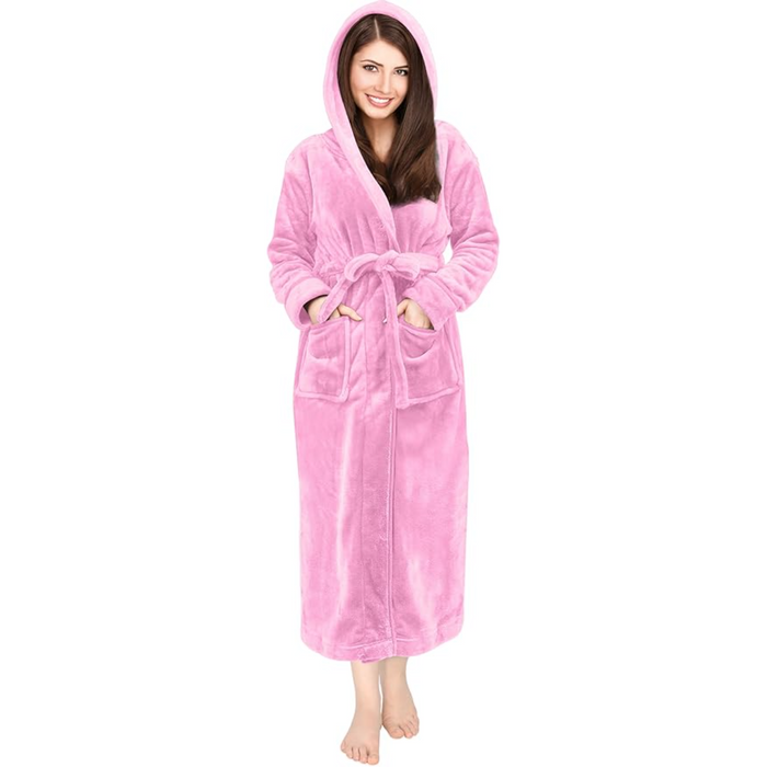 Plush Fleece Hooded Flannel Robe With Pockets